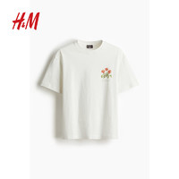 H&M2024夏季男装宽松版印花T恤1034065 白色/花朵 165/84A