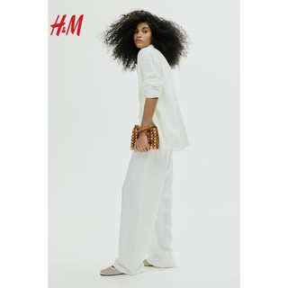 H&M2024春季女装亚麻混纺松紧腰阔腿长裤1138003 浅卡其绿 170/100A