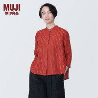 无印良品 MUJI 女式 麻 水洗 立领 七分袖罩衫女士衬衫衬衣夏季款BC2JJA4S 红色条纹 L （165/88A）