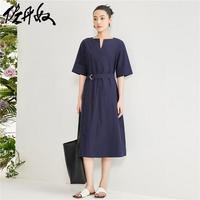 佐丹奴Giordano小V领配腰带短袖连衣裙18464612 66船长蓝 S