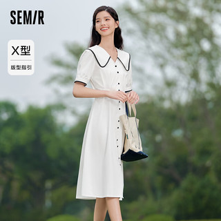 Semir 森马 连衣裙女纯棉泡泡袖初恋裙2024夏撞色大翻领中长裙学院风 本白10102 150/76A/XS