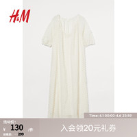 H&M 女装连衣裙夏季优雅时尚A字插肩灯笼短袖V领薄纱长裙0979596 奶油色/圆点薄纱 165/96A