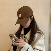 炫世柠檬 2022帽子男R字母复古棒球帽子女秋冬韩版ins显脸小百搭潮鸭舌帽男 棕色 R标可调节