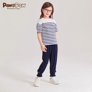 PawinPaw卡通小熊童装2024年夏季女童条纹海军风短袖T恤透气 Navy藏青色/59 110