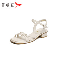 红蜻蜓 高跟凉鞋女2024夏季法式一字带粗跟气质凉鞋 WLK24082米色36