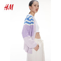 H&M女装毛衣2024春季时尚纹理感复古气质深V针织开衫1231472 丁香紫/条纹 160/88A S
