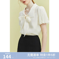 范思蓝恩23FS12351法式气质V领短袖衬衫女夏季蝴蝶结通勤天丝衬衣 米色 M