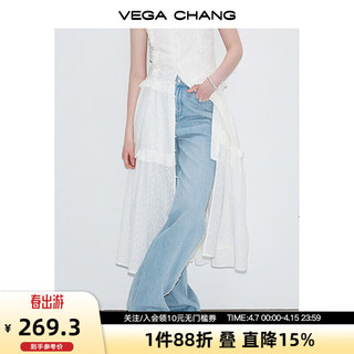 VEGA CHANG白色连衣裙女2024年夏季新款时尚休闲风蕾丝提花吊带裙 水洗蓝 S