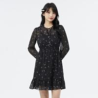 限尺码：Roem 罗燕 春夏雪纺印花长袖碎花连衣裙黑色淑女气质优雅裙子女