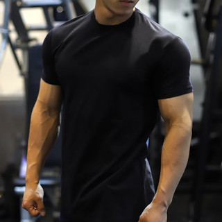 GEKM肌肉兄弟夏季运动短袖男弹力速干显肌肉百搭纯色T恤 黑色 L【120-140斤】