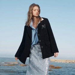 MEETLADY 米莱达 高级黑色西装女2022秋季新款设计感小众可拆卸胸针长袖外套