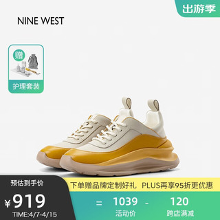 NINE WEST 玖熙 厚底运动鞋女休闲鞋圆头系带跑步鞋NM203018CK 灰/黄 37