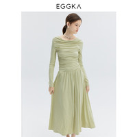 EGGKA 碎褶收腰连衣长裙女春夏法式设计感优雅气质温柔减龄a字裙 绿色 S