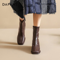 DAPHNE 达芙妮 棕色短靴女2023新款秋冬方头高跟美拉德瘦瘦靴切尔西马丁靴