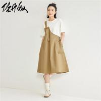 佐丹奴裙子女装假两件针梭织拼接背带圆领短袖连衣裙 18464205 05卡其拼白 XL