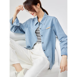 sentubila尚都比拉休闲港风牛仔衬衫女设计感撞色章仔百搭长袖上衣