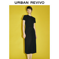 URBAN REVIVO UR夏季新款女装别致纯欲设计感褶皱圆领宝藏连衣裙UWH732055 正黑 S