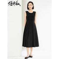 GIORDANO 佐丹奴 裙子女装压褶梭织圆领无袖背心连衣裙 05464327 09标志黑 L