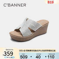 C.BANNER 千百度 女鞋2023夏季新款凉拖鞋烫钻坡跟厚底外穿超火拖鞋高级感 米白色 34