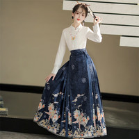 汉虞葵 显瘦提花马面裙百搭汉服女款新中式国风汉元素穿搭日常穿 风莺对襟上衣+藏蓝色马面裙 M