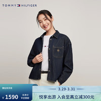 TOMMY HILFIGER 24春季女棉麻混纺刺绣贴袋落肩宽松原色牛仔衬衫41331 深灰色1AP 36 （M）