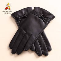 稻草人女士触屏绵羊皮手套秋冬款开车骑行加绒加厚防风防水保暖 【小蝴蝶款】 小号