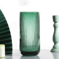 行湘 罗马圆柱玻璃花瓶客厅餐桌插花装饰摆件创意简约风   暗夜绿竖纹加厚小号