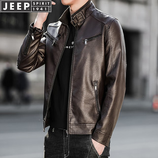 JEEP SPIRIT吉普夹克男春秋季外套皮衣百搭户外复古休闲立领男装 黑色 XL  XL-（125斤-140斤）