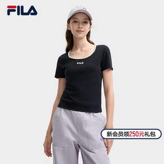 FILA 斐乐 官方女子针织短袖衫2024夏新款时尚休闲简约U领修身T恤