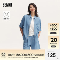 森马（Semir）森马牛仔衬衫女中长款落肩宽松2024夏短袖衬衣慵懒 牛仔浅中蓝88601 155/80A/S