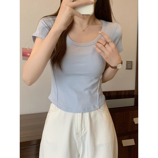 H 不规则u领短袖T恤女2023夏季新款韩版修身高腰短款学生纯色上衣潮 白色 XL