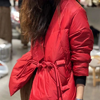 蒂洛缇娜冬季国风棉衣女手工盘扣时尚V领外套宽松显瘦保暖棉服潮 红色 M 85-125斤