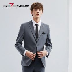 seven柒牌男士西服套装春季新款时尚格纹青年百搭一粒扣西装两件套