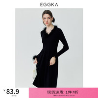 EGGKA 毛绒V领坑条纹针织连衣裙冬季收腰显瘦修身优雅气质a字长裙 黑色 均码