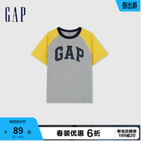 Gap男童2024春季纯棉logo撞色插肩袖短袖T恤儿童装上衣890474 灰色 130cm(S)亚洲尺码