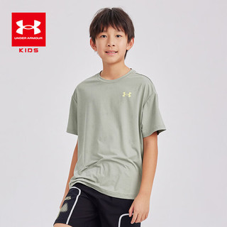 安德玛（Under Armour）儿童运动圆领T恤休闲短袖2024夏季透气上衣男大童 灰绿色 150cm