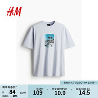H&M男装T恤2024夏季男士潮流时尚宽松版廓形印花T恤1238203 浅蓝色/踩滑板者 165/84A