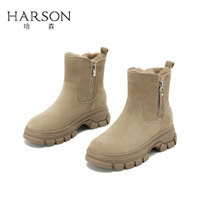 哈森雪地靴女款2024冬季保暖短靴休闲加绒加厚棉鞋HFC240168