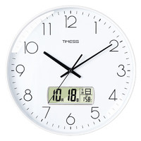 TIMESS 液晶显示万年历挂钟客厅卧室圆形钟表家用免打孔时钟时尚创意简约扫秒机芯石英钟P12B4白边白面30厘米