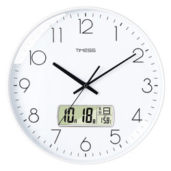 TIMESS 液晶显示万年历挂钟客厅卧室圆形钟表家用免打孔时钟时尚创意简约扫秒机芯石英钟P12B4白边白面30厘米
