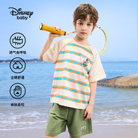 Disney 迪士尼 童装男童短袖套装吸湿排汗短袖T恤短裤两件套24夏DB421UE12绿120 橘绿条纹
