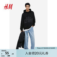 H&M 男装卫衣秋季新款美式复古长袖连帽衫套头宽松上衣1010387 黑色/Harlem 170/92A