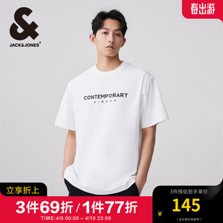 杰克·琼斯（JACK&JONES）男装短袖男潮流宽松重磅凉感圆领T恤男纯色百搭字母胶印夏天衣服 A06雪白色 常规 A06雪白色 180/100A/L