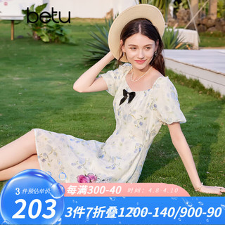 Betu 百图 女装2023夏新款连衣裙蝴蝶结减龄泡泡袖碎花连衣裙女2306T48 蓝色 M