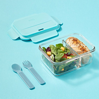 Glasslock 钢化玻璃饭盒便当盒分隔保鲜盒微波炉餐盒内置餐具1000ml 蓝色隔断+便当包 1000ml