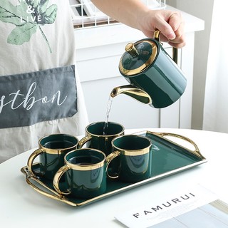 喜得润陶瓷茶杯套装家用杯具客厅北欧式茶具茶壶杯子水杯整套杯简约水具 水杯 墨绿金【gift勺和垫】
