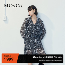 MO&Co. 摩安珂 秋抽象印花V领绑带不规则连衣裙(附内衬)