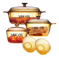 VISIONS 康宁 锅具套装 晶彩透明锅4件套玻璃汤锅1L+1.5L+3.25L+进口餐具4件组