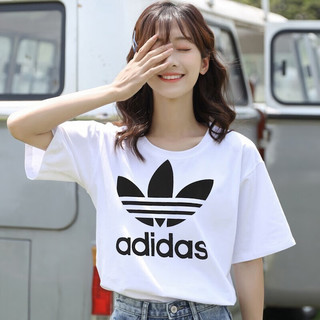 阿迪达斯 （adidas）T恤女装 2024夏季运动服训练潮流时尚舒适透气圆领短袖女 白色/三叶草/大logo/时尚 XL