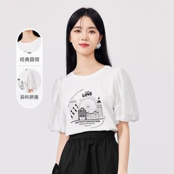 CHIU·SHUI 秋水伊人 圆领设计感宫廷泡泡袖本白上衣时尚T恤